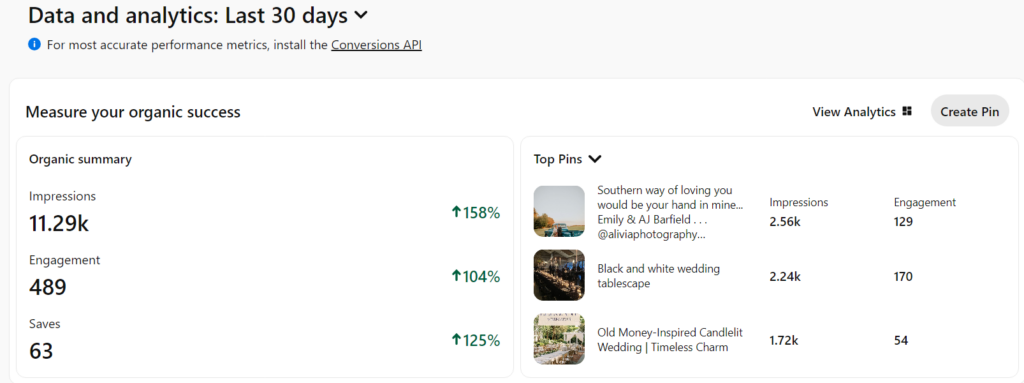 Optimized Pinterest profile for wedding business