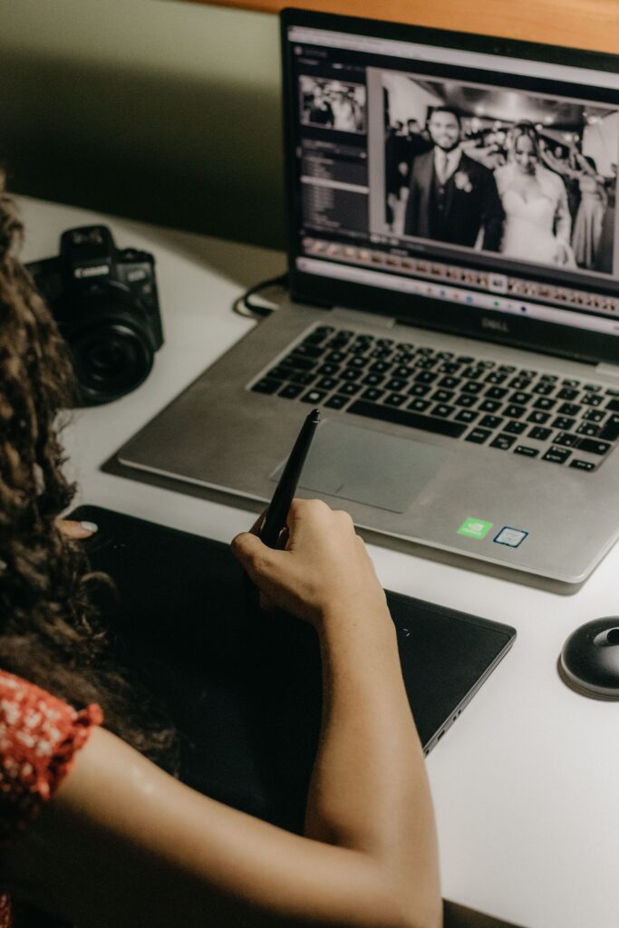 Wedding creative reviewing AI search results and applying AEO for wedding pros to structure her content